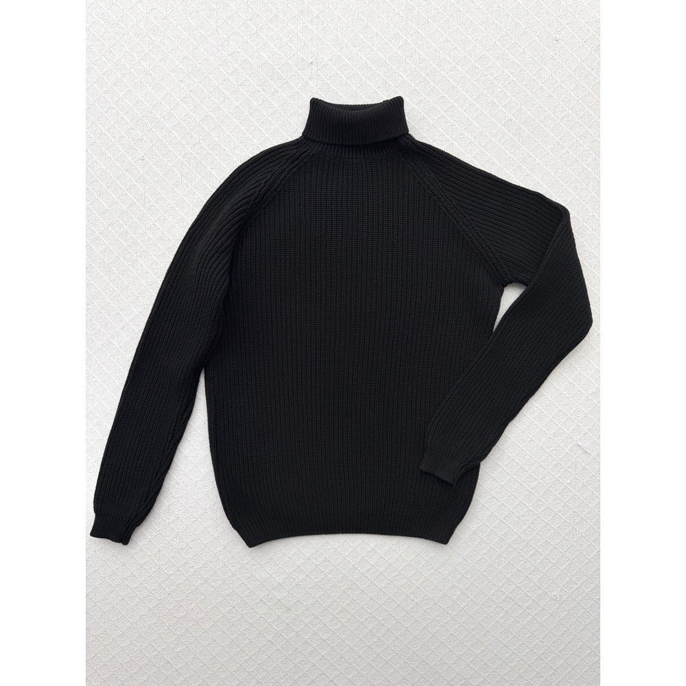 Zara Ribbed Turtleneck Sweater Black Cotton Raglan Sleeve Chunky Knit Size Large